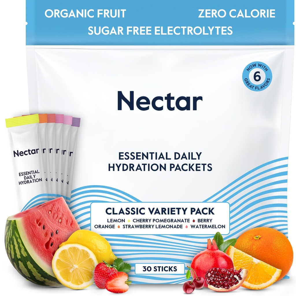 Pacotes de Hidratação Nectar - Embalagens de Pó de Eletrólitos - Açúcar Livre e 0 Caloria - Eletrólitos líquidos de frutas orgânicas diariamente IV Pó para Alivio de Desidratação e Reidratação (Variety 30 Pack)