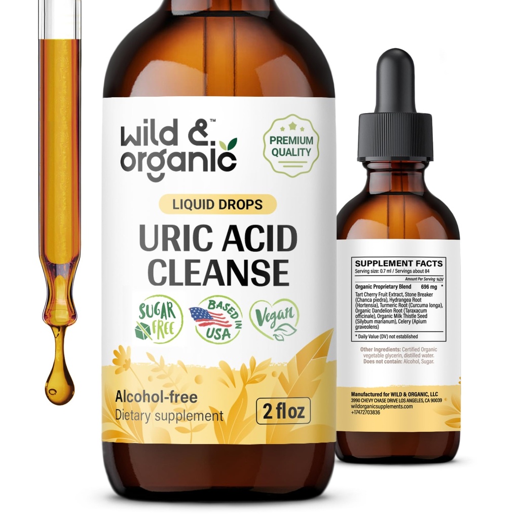 Selvagem & Ácido Urico Orgânico Cleanse Drops - Tart Cherry, Açafrão, Chanca Piedra Stone Breaker Complex for Kidney Cleanse - Ácido Urico Suplemento de suporte - Vegan, Açúcar & Tintura sem álcool - 2 onças