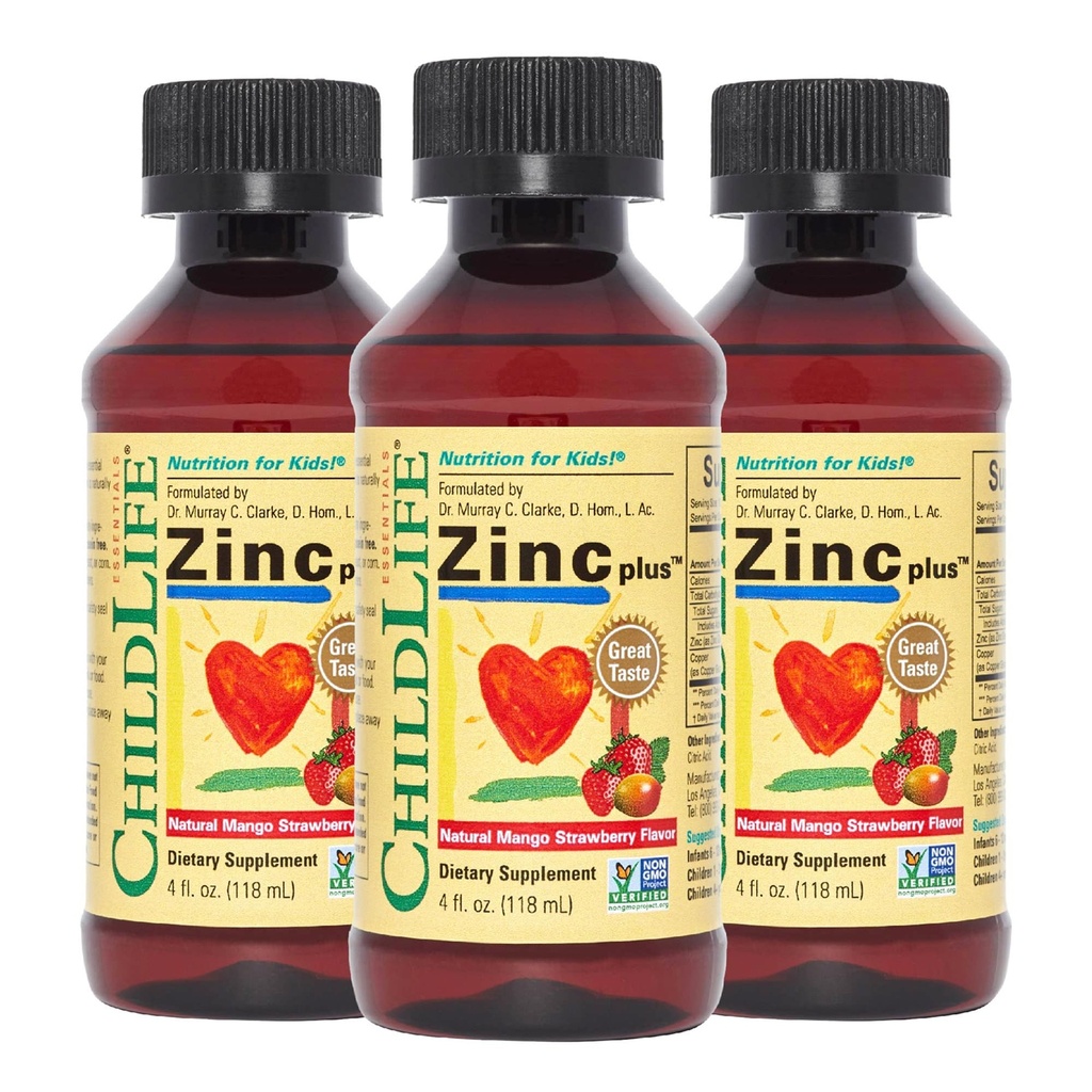 ESSENCIAIS FILHOS Zinco Líquido Plus para Crianças e Crianças - Suplemento líquido Drops, Gluconato de Zinco e Cobre para Suporte Imune - Morango de Mango, 4 Fl Oz (Pacote de 3)