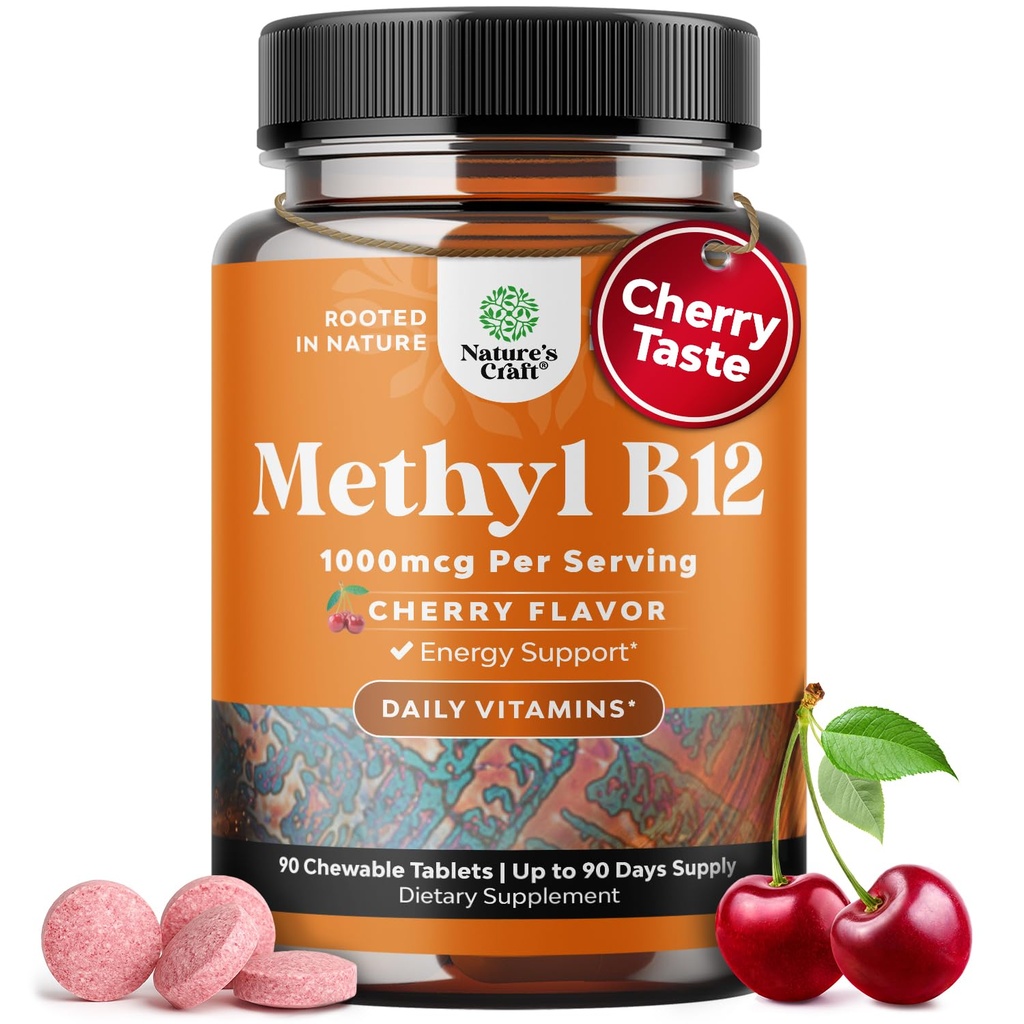 Vitamina mastigável B12 1000 mcg - Vitamina Vegan B12 metilada para suporte ao cérebro Energia Natural - Saúde óssea Olho cuidados e humor aumentar com a pele do cabelo e unhas Halal Vitaminas