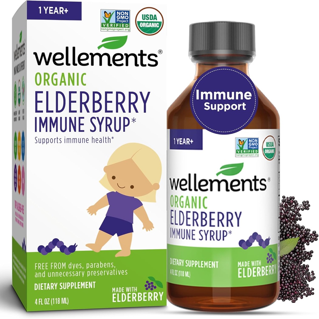 Wellements Organic Elderberry Syrup for Kids Suportes Imune Health* para bebês e crianças, feito com Elderberry Orgânica, USDA Certified Organic & Non GMO