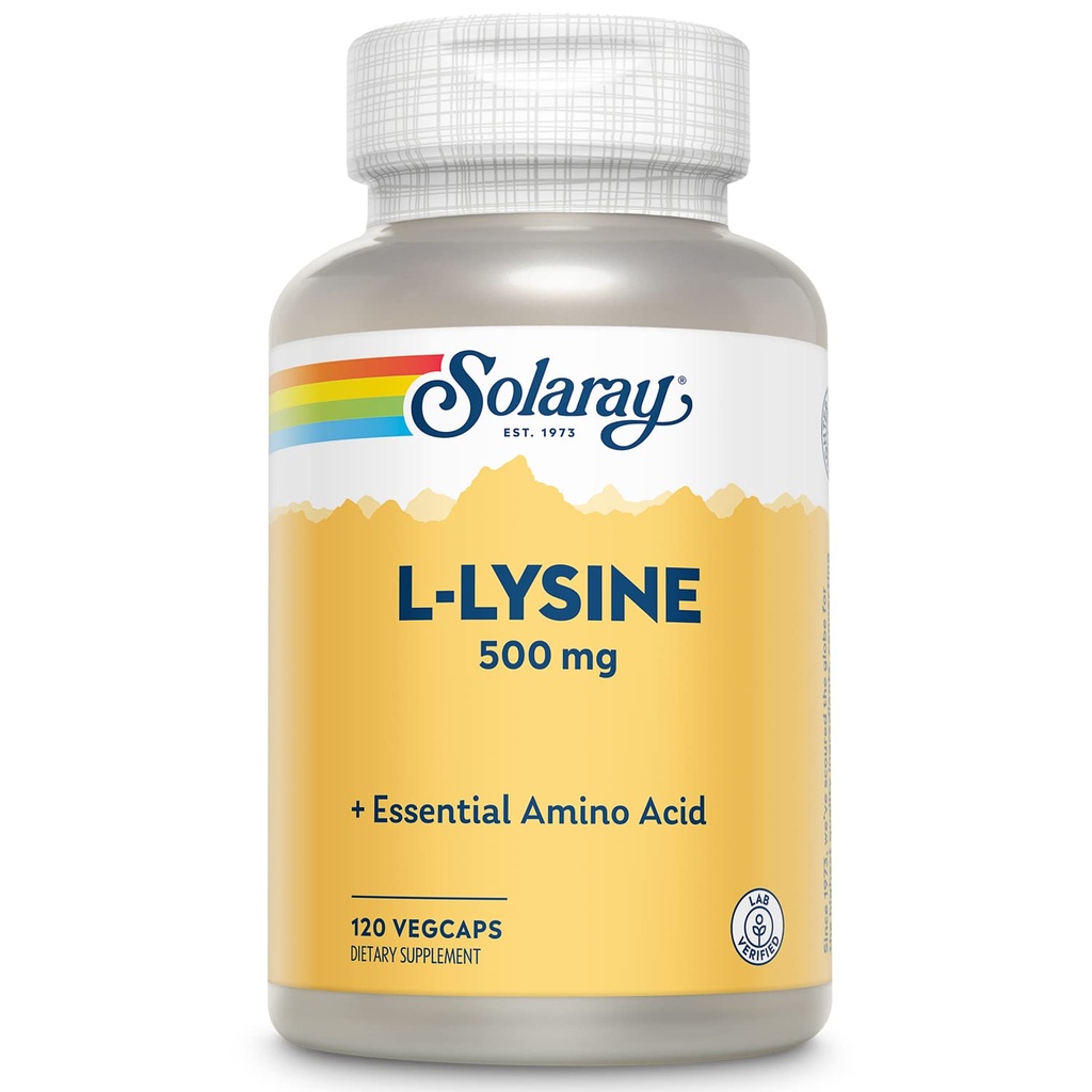 SOLARAY L Lysina 500 mg Cápsulas - Suplemento de Aminoácidos Essenciais de Forma Livre - Suporte de Bem-Estar Poderoso com L-Lysine Amino Acid - Lab Verificado, Garantia de 60 dias, 120 Servings, 120 VegCaps