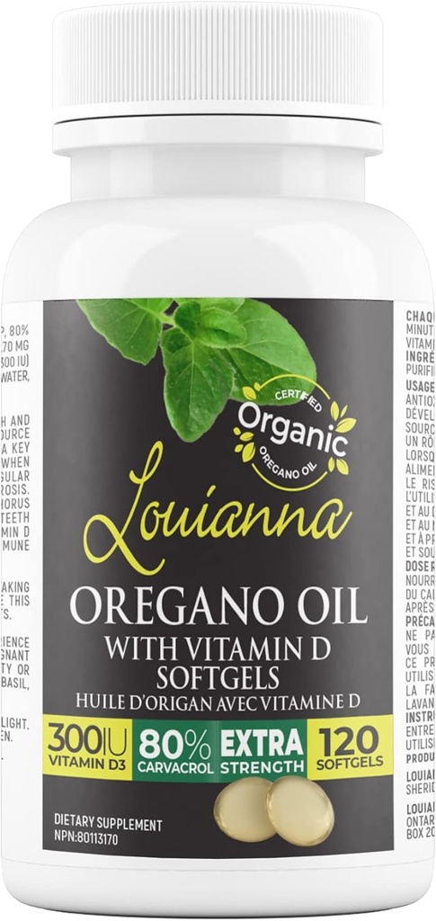 Louianna - Óleo de Orégano Orgânico Selvagem com Vitamina D, Cápsulas de Softgel Líquido com 80 Carvacrol Percentual, Suporta Seus Ossos, Imune e Gut Saúde, Suplementos de ervas, 120 Softgels