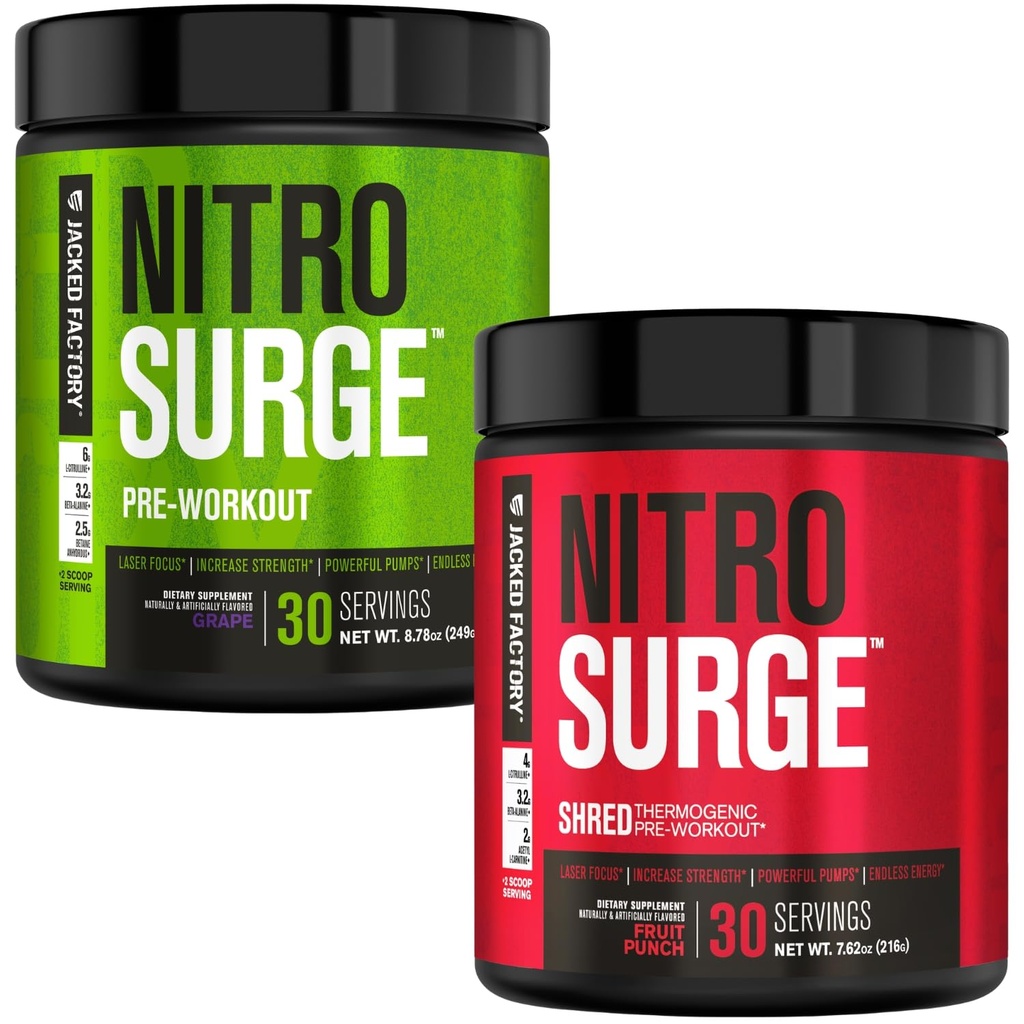 Fábrica Jacked Nitrosurge Pré-treino em Uva e Fruta Soco Nitrosurge Destruiu pré-treino termogênico para homens e mulheres