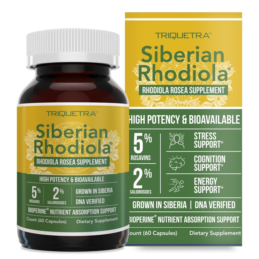 Força máxima Siberiano Rhodiola®: Rhodiola Rosea 5% Rosavins, Salidroside 2% e BioPerine® para Absorção Melhorada – Ajuda a apoiar o estresse, energia e foco* – Crescido na Sibéria, DNA verificado (60 Cápsulas)