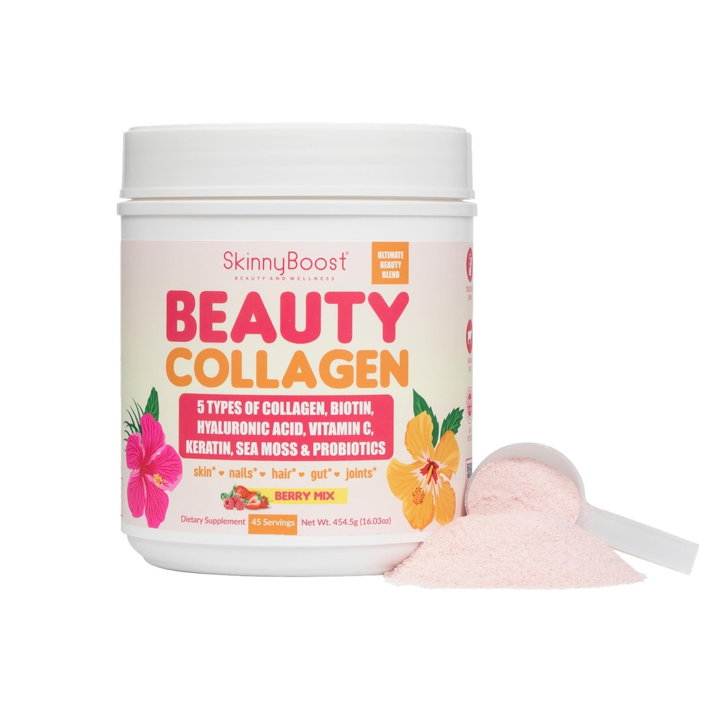Beauty Collagen Powder-5 Tipos de Colágeno Hidrolisado, Moss Marinho, Biotina, Queratina, Ácido Hialurônico, Vitamina C e Probióticos–Cabelo, Pele, Unhas- Tudo Natural, Made in USA-45 Servings- Bery misto