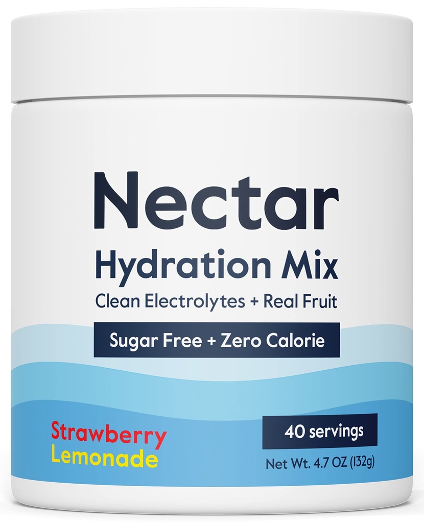 Pó de Eletrólitos Livres de Açúcar Néctar - Frutas Orgânicas Sem Açúcar ou Calorias - Hydration Powder for Deshydration Relief and Rehydration - Keto and Paleo (Strawberry Limonada 40 Serving Tub)
