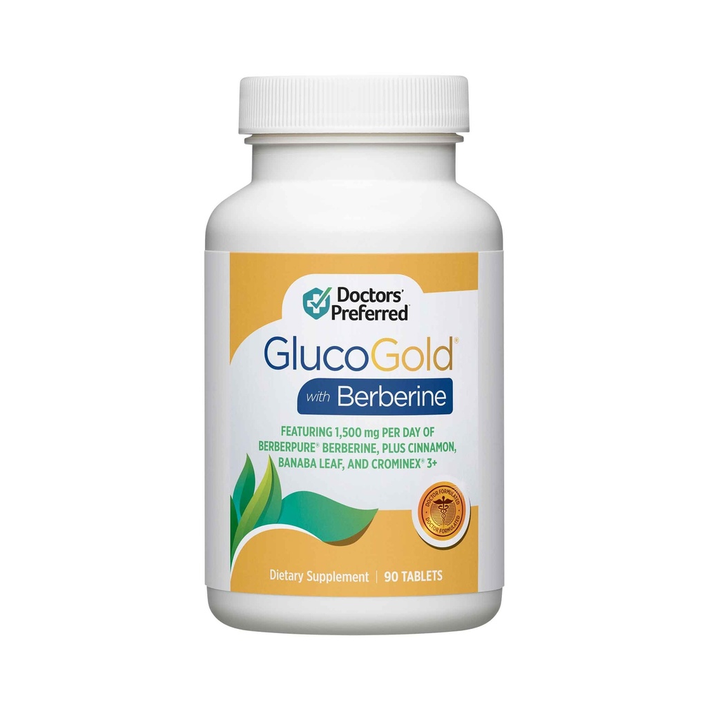 GlucoGold com berberina, canela concentrada, crómio, extrato de folha de Banaba (90 comprimidos)