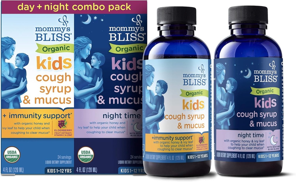 Mama's Bliss Organic Cough Syrup & Mucus para crianças, pacote de combinação dia e noite com vitamina C e suporte de imunidade, contém mel orgânico e folha de Ivy, 4 Fl Oz (Pacote de 2)