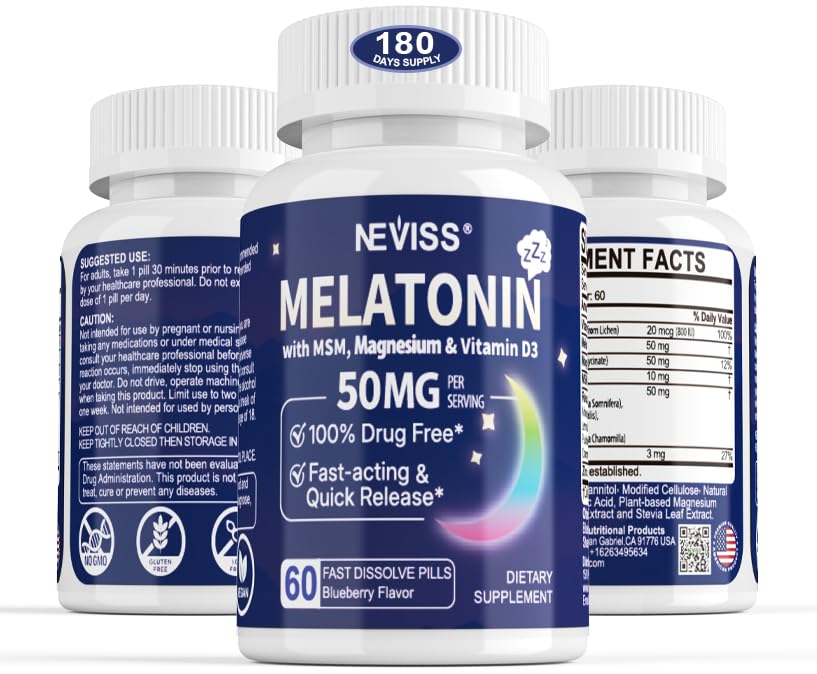 Melatonina 50 mg para Adultos - Força extra 9-em-1 rápida dissolução sublingual - w/Vitamina D3 & HSH, Relaxante mistura de ervas-Ashwagandha, Limão Balm, Passionflower, Camomila, Açúcar grátis, Vegan 180 Servings