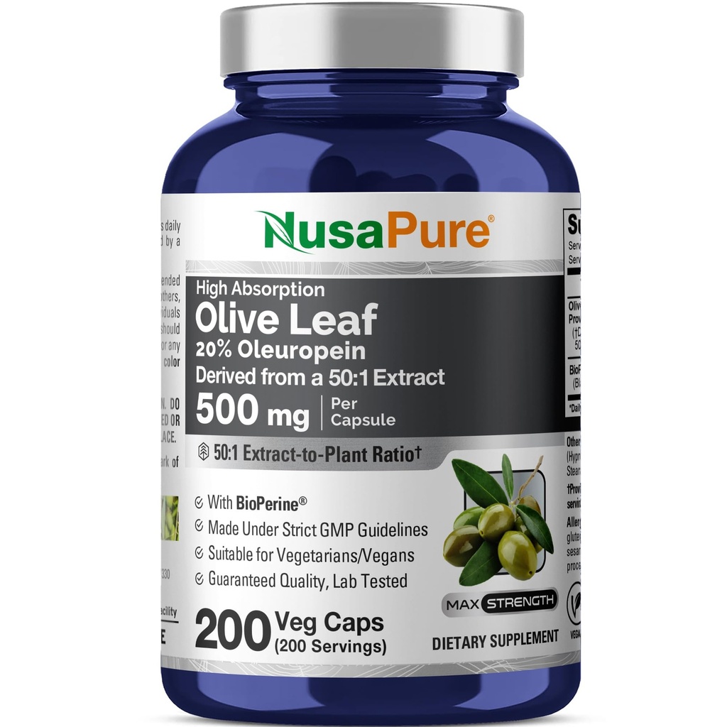 NusaPure Olive Leaf 20% Oleuropein 50:1 Extract, 500 mg Equivalente a 25.000 mg 200 Veg Caps Adequado para Vegetarianos e Veganos, Não-GMO
