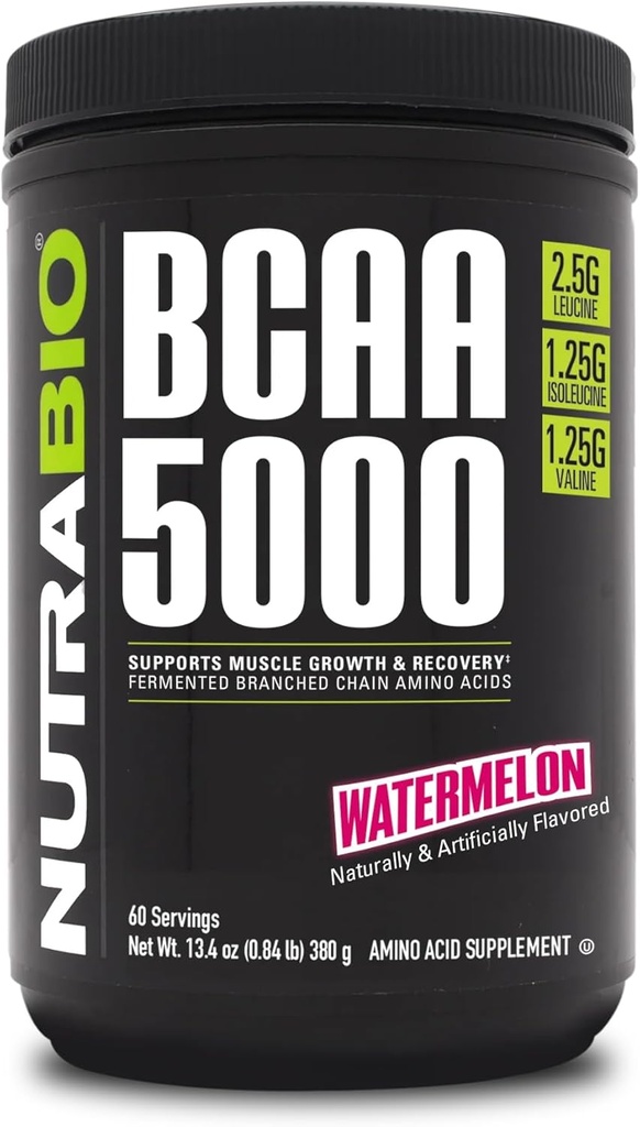 NutraBio BCAA 5000 Pó - Vegan Fermented BCAAs - Suporta crescimento muscular magro, recuperação, resistência - 60 Servings - Melancia