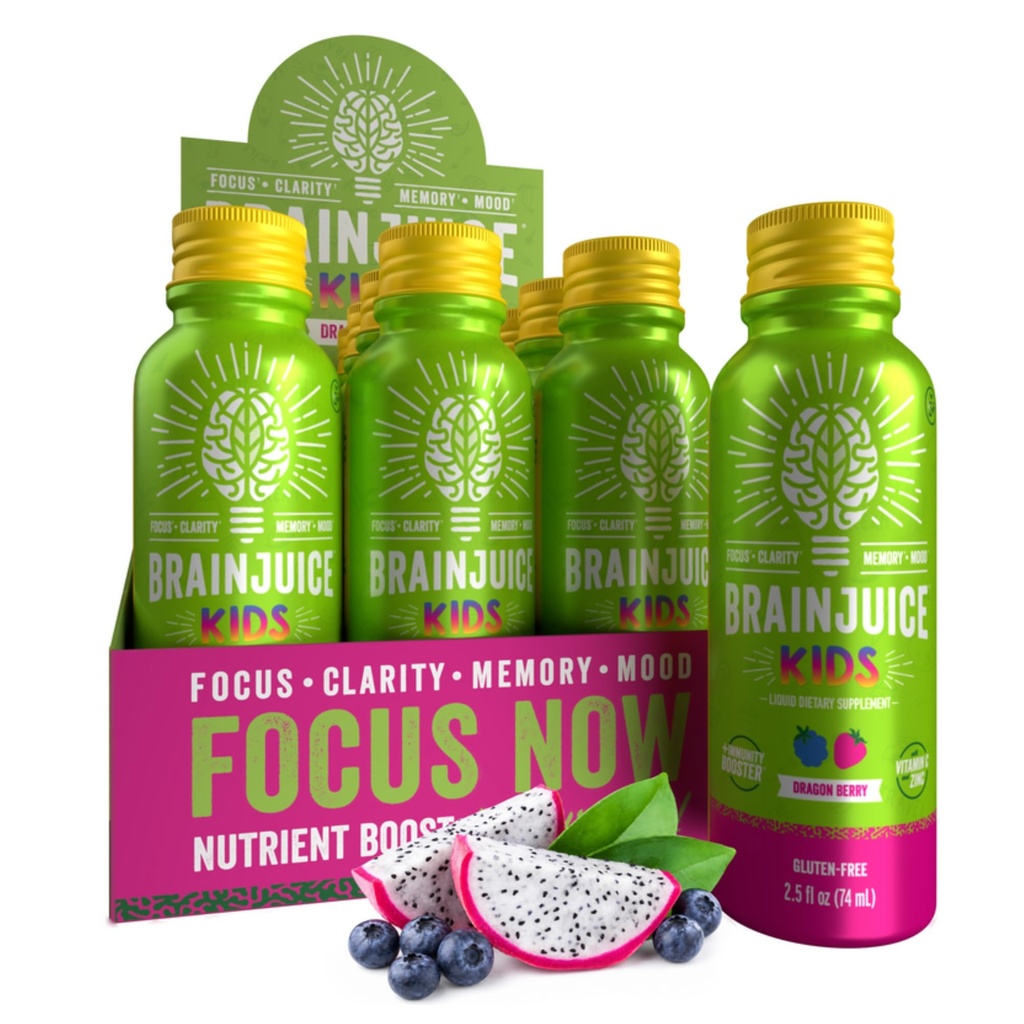 BrainJuice Kids Brain & Imune Supply Shot, Gluten Free Supplement Shots for Energy, Focus, Immunity with Vitamina D, C, B, Alpha GPC & Organic Ginger Root, Ages 5+, Dragon Berry, 2.5 fl oz, 12 Pack