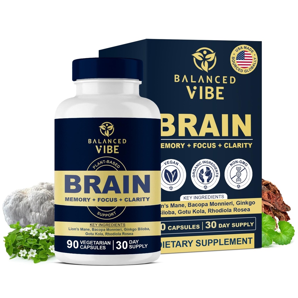 Equilibrado Vibe Cerebral Formula □ Nootrópico Baseado em Planta Orgânica para Foco, Clarity & Memory □ Mane do Leão Orgânico, Ginkgo, Bacopa, Rhodiola, Gotu Kola