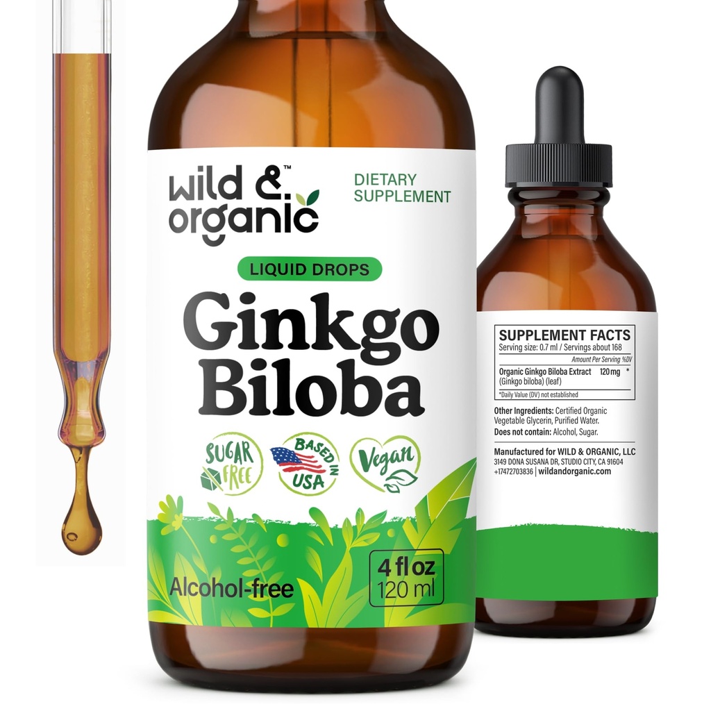 Wild & Organic Ginkgo Biloba Extract Drops - Cérebro & Foco Suporte - Liquid Ginkgo Biloba Suplementos - Vegan, Açúcar & Alcohol-Free Herbal Tintura - 4 fl oz