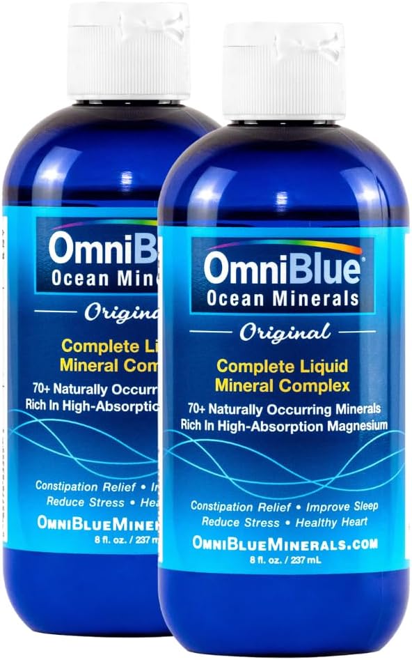 Minerais OmniBlue Ocean - 70+ Minerais Trace & Magnésio Líquido - Potássio, Cloreto-Baixo de Sódio - Suporte Natural para Sono, Digestão, Regularidade, Hidratação e Equilíbrio Electrolítico (2-Pack 8 onças)