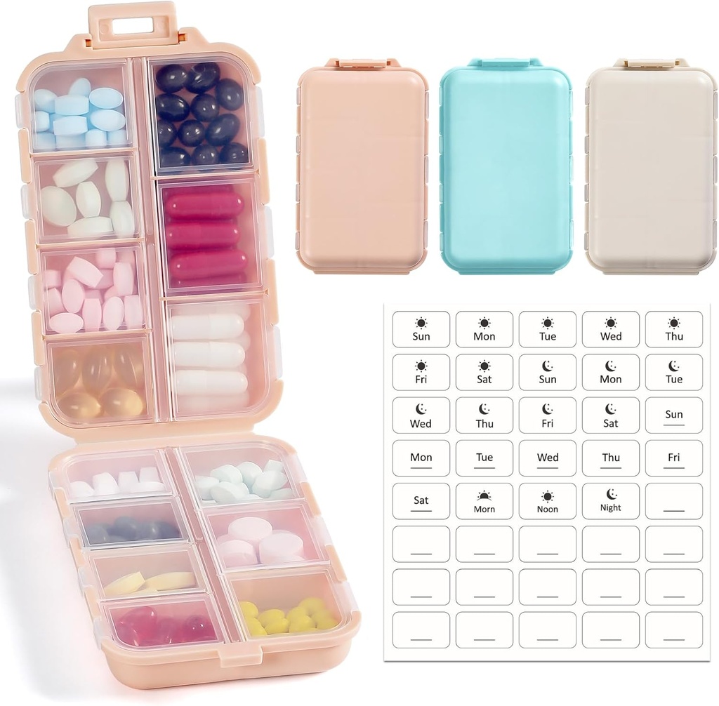 3 Pack, 14 GRIDS caixa organizador de pílulas de viagem com rótulos - Kit de caso de medicina de viagem - Pocket Daily Pharmacy Container - Dispensador Titular de medicamentos de viagem para armazenamento suplemento de vitamina de óleo de peixe