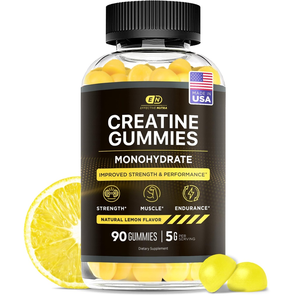 Eficaz Nutra Creatina Gummies Mono-hidratada - 1g Creatina por Gummy - Vegan Muscle & Strength Supplement for Men & Women - Suporta crescimento muscular, energia, resistência - limão sabor, Made in USA (90ct)