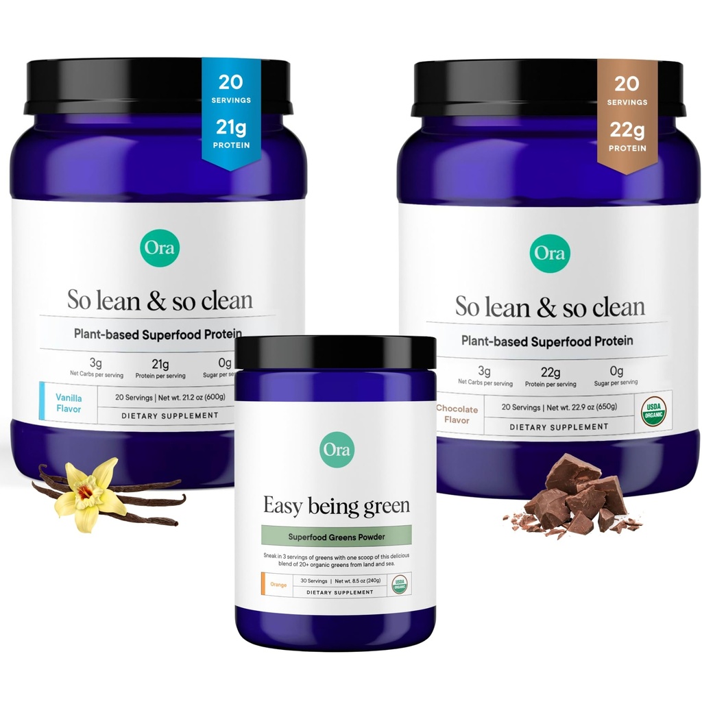 Ora Organic Vegan Protein Powder Chocolate, Vanila & Greens Powder Bundle: 22g Planta baseada, Chocolate, 20 Servings + 21g Planta baseada, Baunilha, 20 Servings + Orgânico Super Greens Beber, 30 Servings