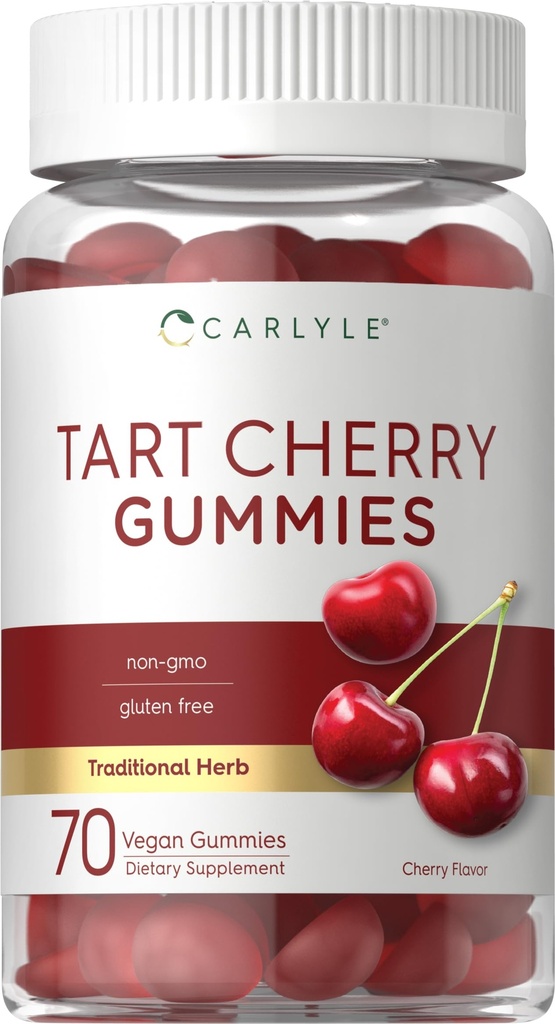 Carlyle Tart Cherry Gummies 2000mg Contagem 70 Cherry Flavor Vegan, Non-GMO, and Gluten Free Formula