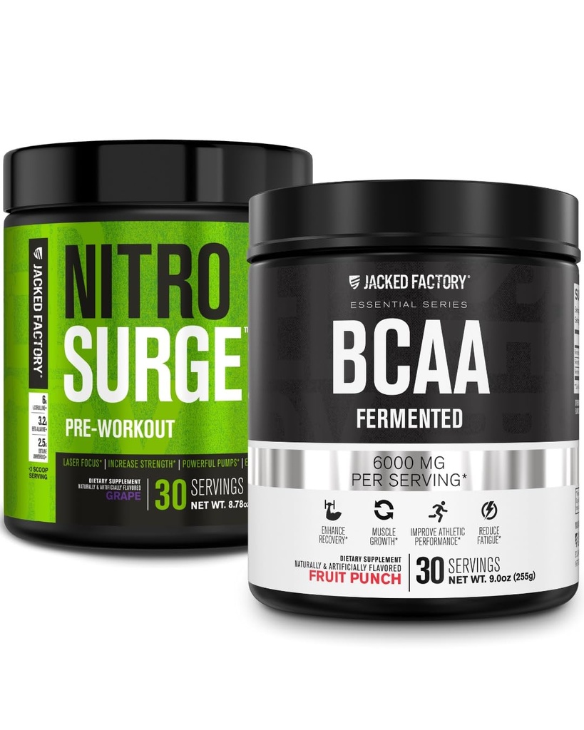 Fábrica Jacked Nitrosulge Pré-treino em uva e BCAA em Fruit Punch para construção e recuperação de músculos