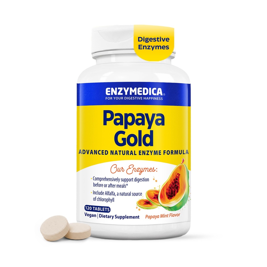 Enzimedica Ouro de Papaia, Enzimas Digestivas Avançadas com Papaia Orgânica Natural & Clorofila para suporte de digestão abrangente, Bromelaína de alta potência & Papain, Vegan, Menta, 120 comprimidos mastigáveis