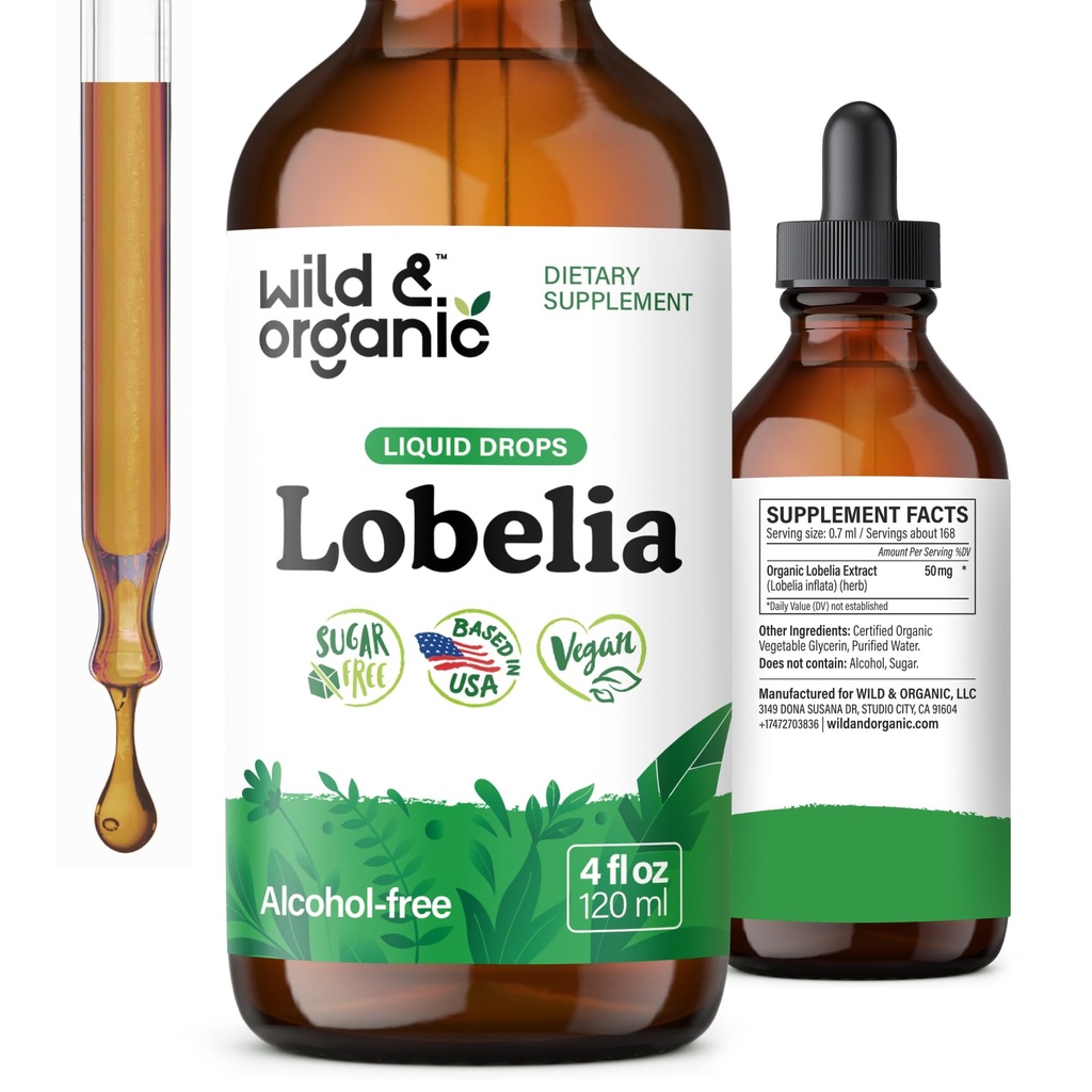 Wild & Organic Lobelia Tintura - Lung Detox e Cleanse - Líquido Lobelia Herb Suplemento - Vegan, Açúcar & Alcohol-Free Leaf Extract Drops - 4 fl oz