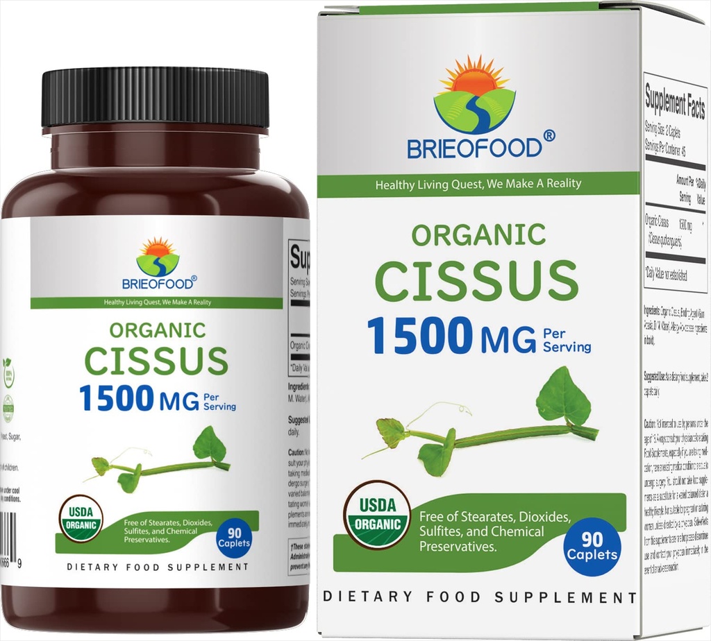 Brieofood Organic Cissus Quadrangularis 1500mg, 45 Servings, Vegetarian, Gluten Free, 90 Comprimidos Vegetarianos