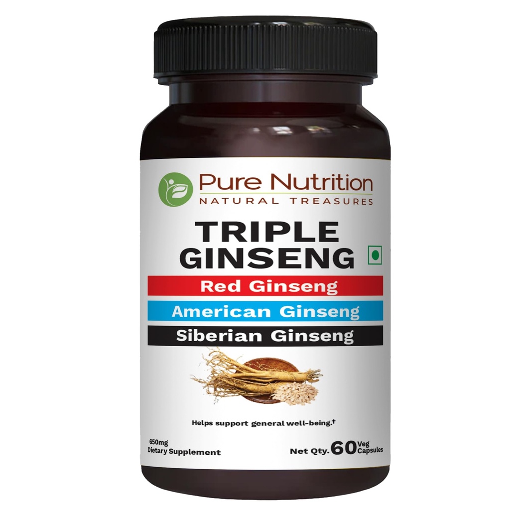 Pure Nutrition Triple Ginseng - uma combinação única e eficaz de Ginseng vermelho, Ginseng americano e Ginseng siberiano. 790mg por cápsula Embalagem de cápsulas de 60 Veg