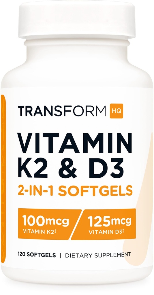 TransformHQ Vitamina K2 (MK7) (100mcg) + Vitamina D3 (5000 UI) 120 Softgels - Gluten Free e Non-GMO