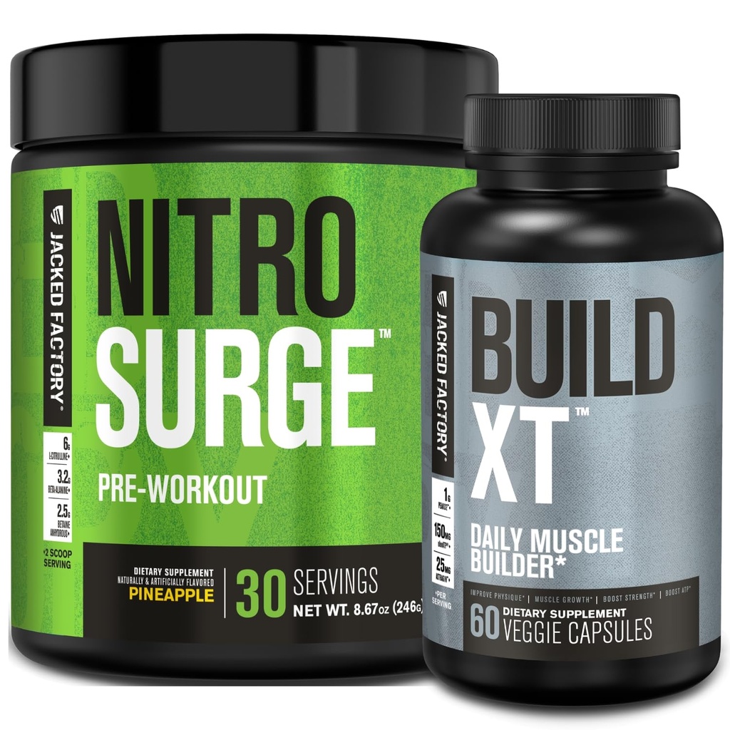 Fábrica Jacked Nitrosurge pré-treino em abacaxi e construir XT Muscle Building Bundle para homens e mulheres