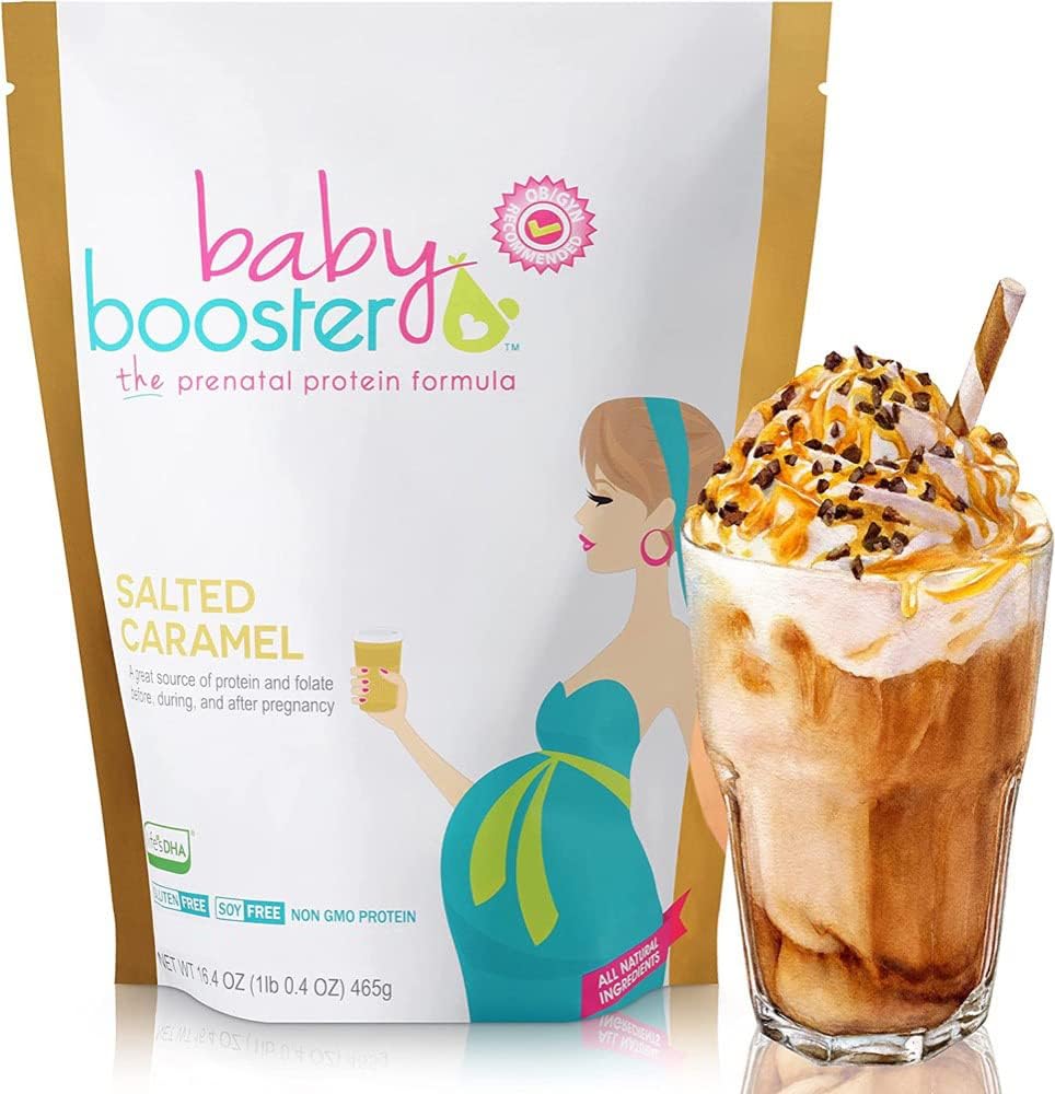 Baby Booster Salted Caramel Prenatal Vitamina Suplemento e Protein Shake, Cafeína livre, tudo natural, DHA vegetariana, alta proteína, folato de metilo, vitaminas B, ótimo para a doença da manhã, 1 lb