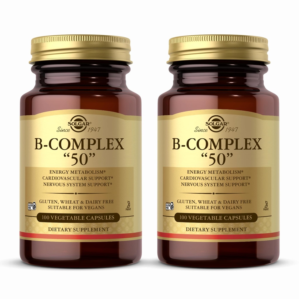 Solgar B-Complexo “50” - 100 Cápsulas Vegetais, Pacote de 2 - Metabolismo Energia & Sistema Nervoso Suporte - Não-GMO, Vegan, Gluten Free - 200 Total Servings
