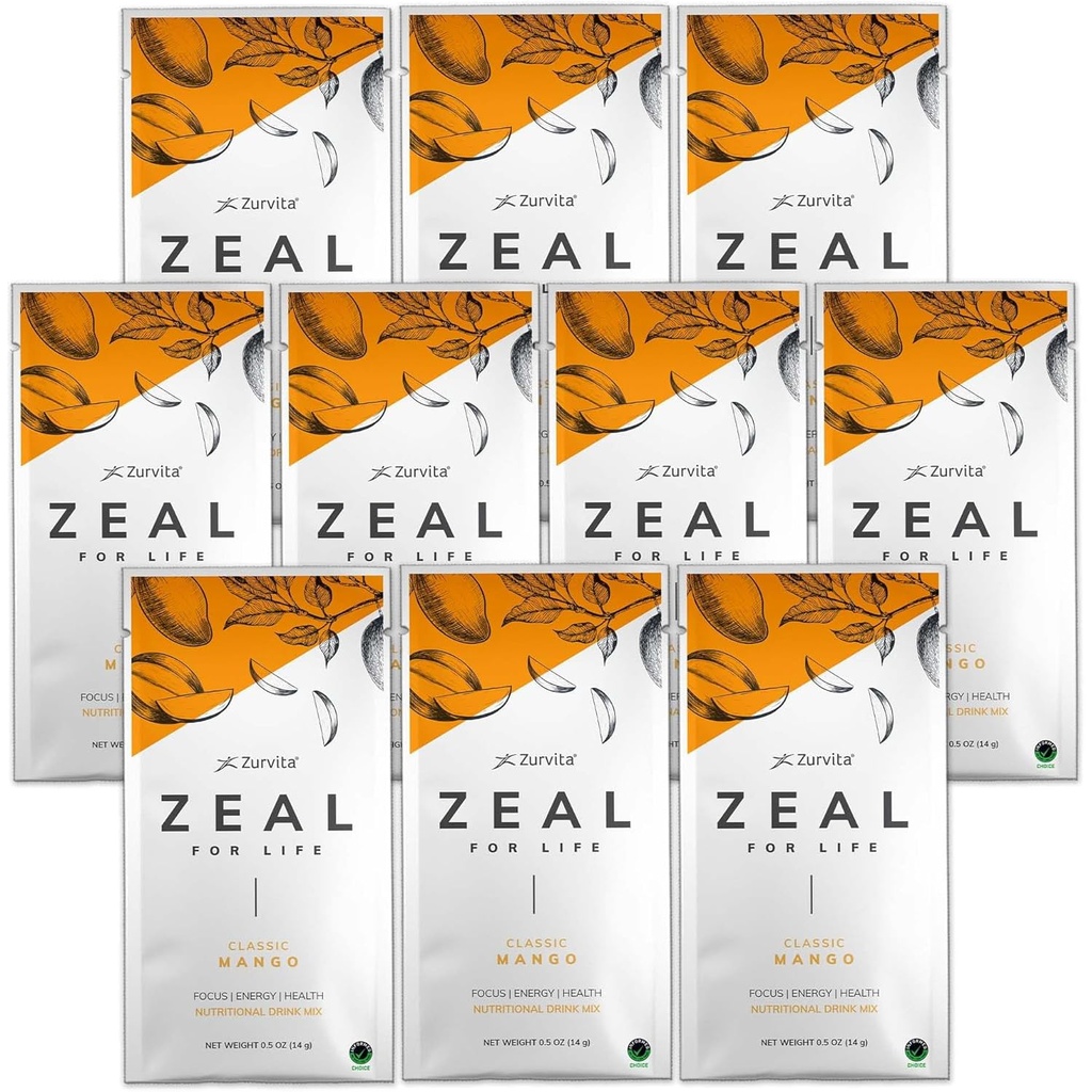 Zurvita - Zeal for Life Wellness Drink Mix - Classic Mango Flavor - Gluten-Free, Vegan, com biotina, vitaminas e minerais para a saúde - 10 pacotes