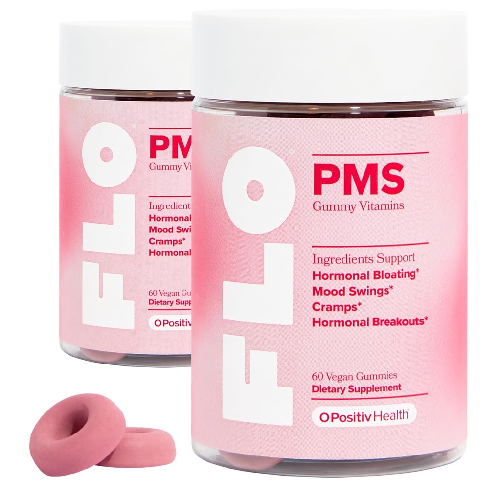 O Positiv FLO PMS Gummies for Women - Proactive PMS Alívio - Alvos Hormonal Breakouts, Bloating, Cãibras, & Mood Swings com Chasteberry, Vitamina B6, & Lemon Balm - PMS Gummies (Pacote de 2)