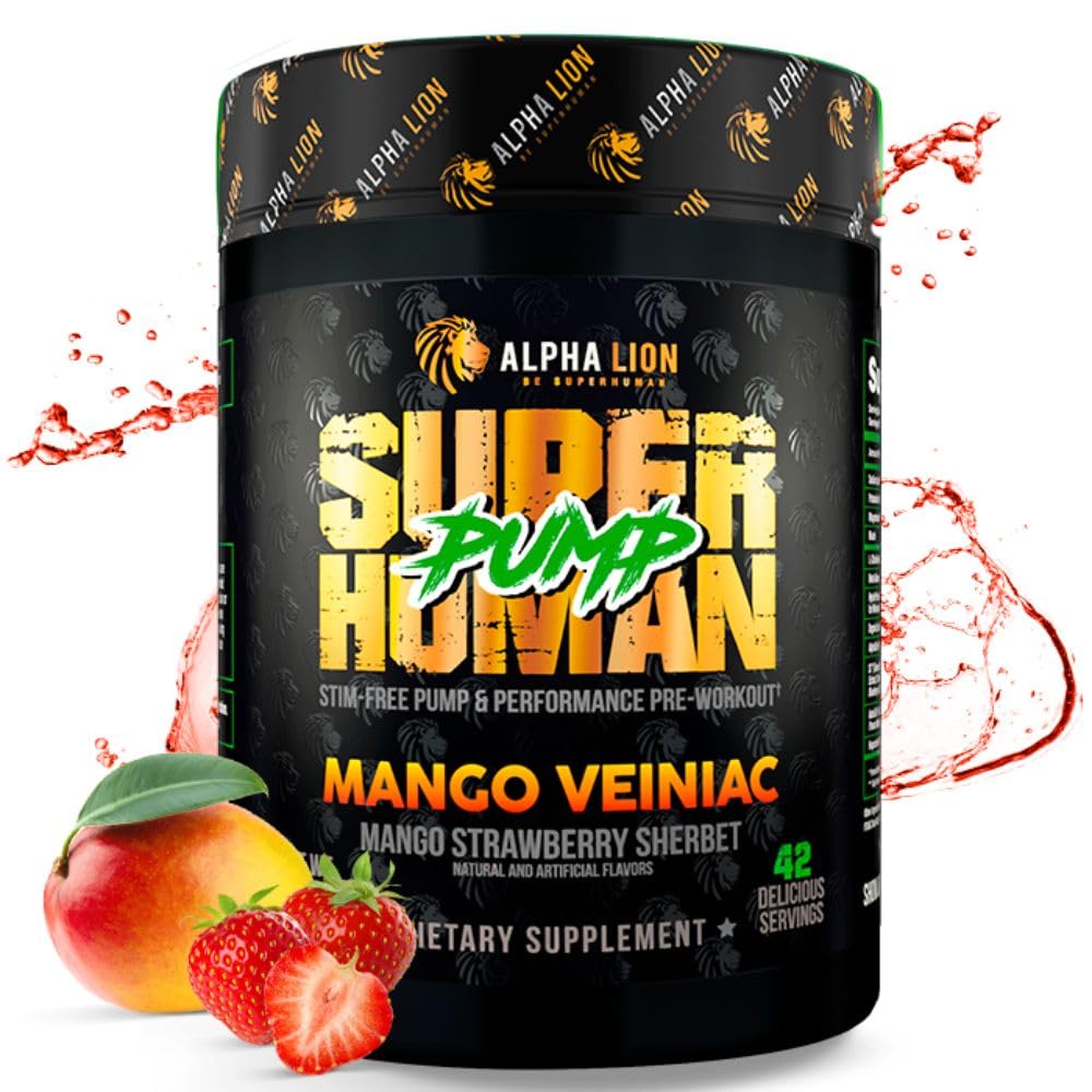 ALPHA LION Bomba sobre-humana Pré-treino em pó, Cafeína Nootrópico e Stim Suplemento pré-treino gratuito, Fortalecedor de óxido nítrico, Gainer muscular, Energia e Foco (42 Servings, Mango Veiniac Flavor)
