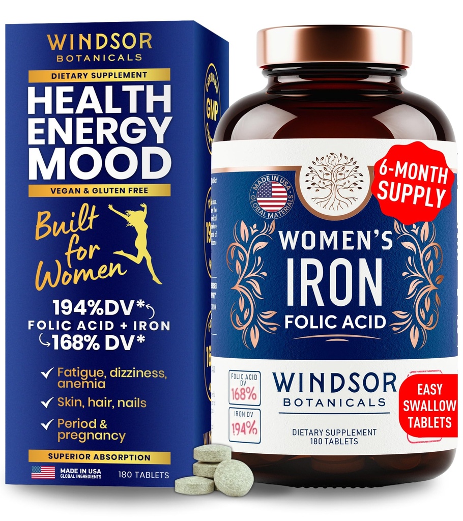 Suplementos de ferro e ácido fólico para as mulheres - 35mg gentil Vitamina de ferro, ácido fólico 400mcg - Anemia, período, suplemento de suporte de gravidez, comprimidos de sulfato ferroso - 180 Vegan comprimidos não-constipantes