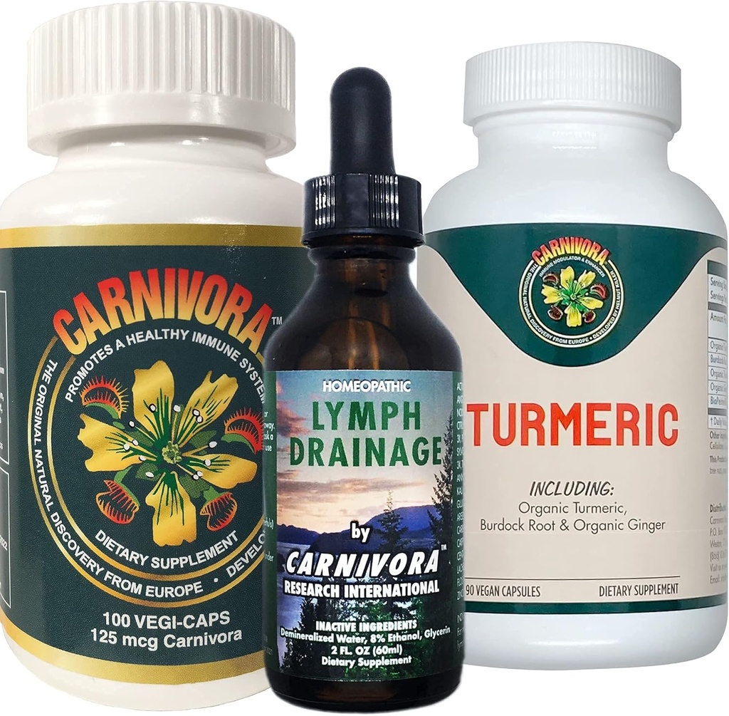 Jogo triplo de Carnívora - Suporte do sistema imunológico, Flush do sistema linfático, e Enhancement para juntas e digestion (Bundle com 1 garrafa Cada de Carnívora Vegi-Caps, Lymph Drainage, e Turmeric)