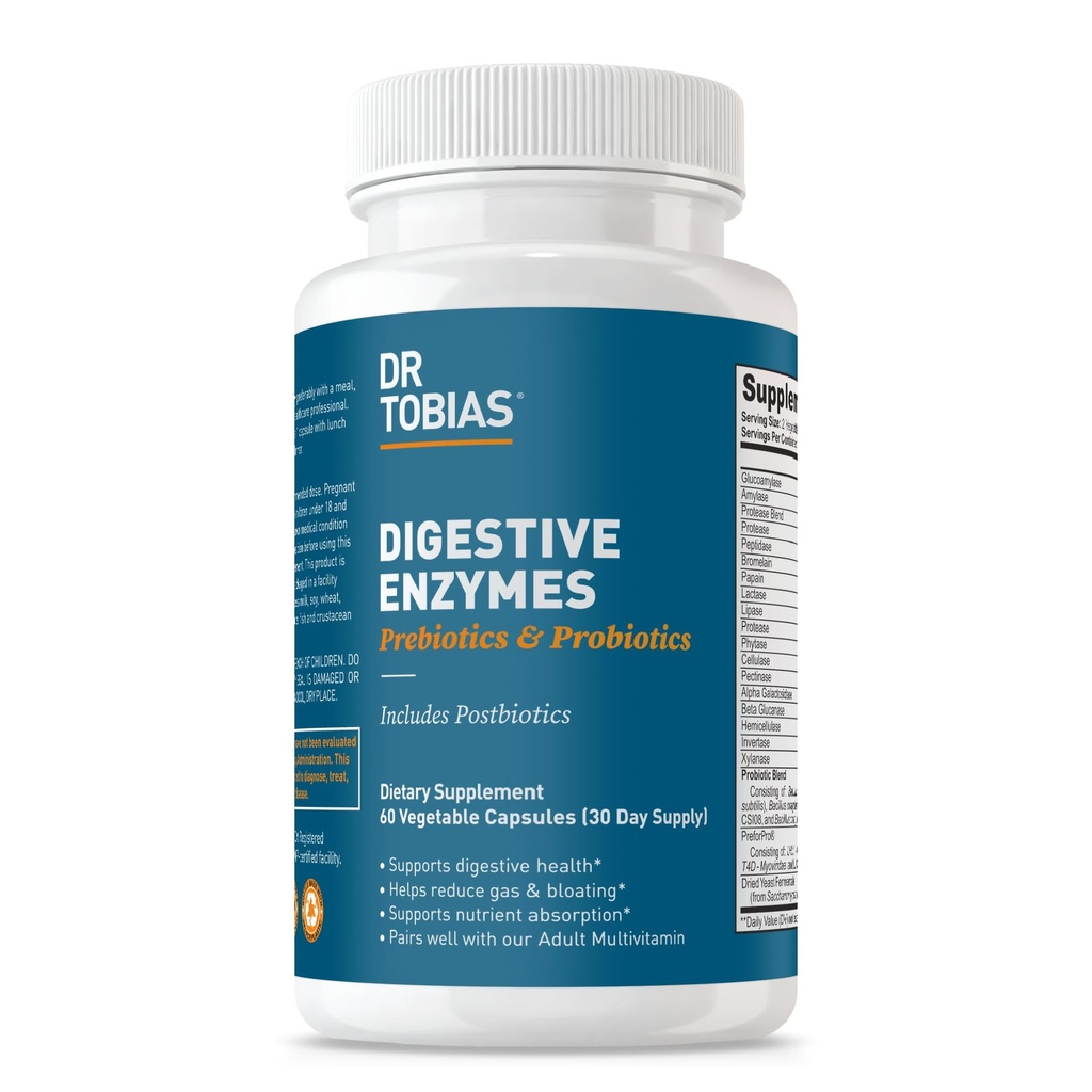 Dr. Tobias Enzimas Digestivas com Probióticos, Prebióticos e Pósbióticos Bromelain, Amylase, Lipase, para melhor Digestão e Função Imune, 60 Cápsulas, 30 Servings (2 Diário)