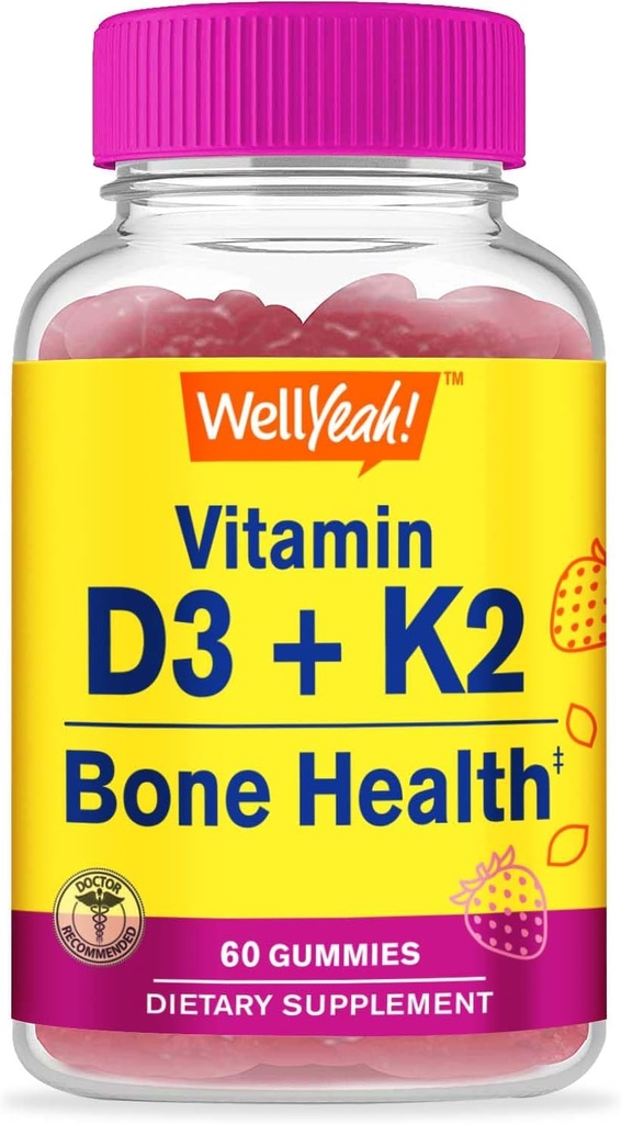 BemSim Vitamina D3 + K2 Gummies - Vitamina D3 1000 UI, K2 100 MCG - Apoio à saúde óssea e muscular, Sabores naturais, GMO grátis, Glúten livre, Vegan - K2 D3 Suplemento Vitamina- 60 Gummies