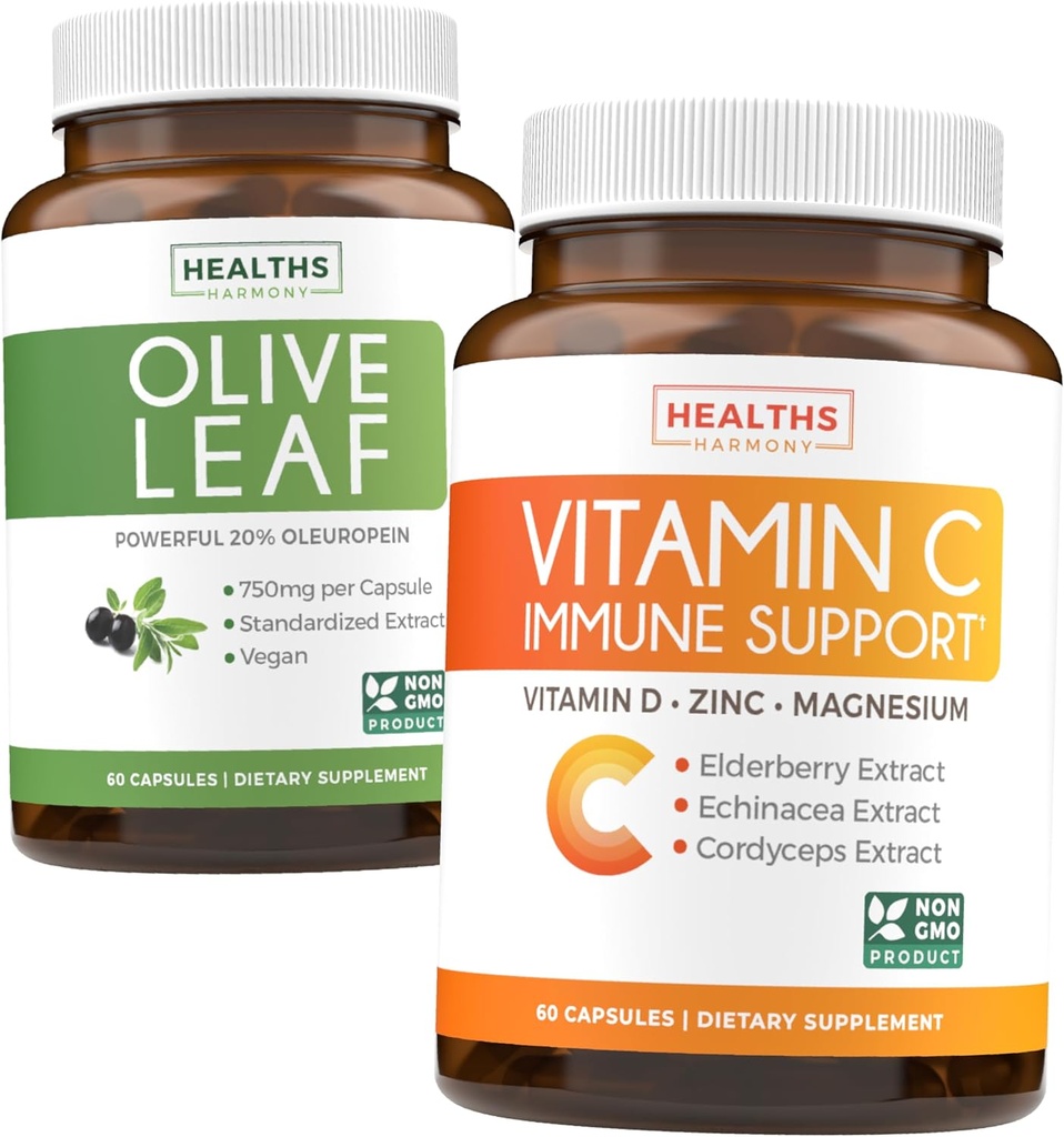 Economize $4 (12% de desconto) - Herbal Immune Bundle - Extrato de Folha de Olive (Non-GMO) Super Força: 20% Oleuropein 750mg caps e Immune Support - Vitamina C com zinco, vitamina D, Elderberry & Echinacea (Non-GMO)