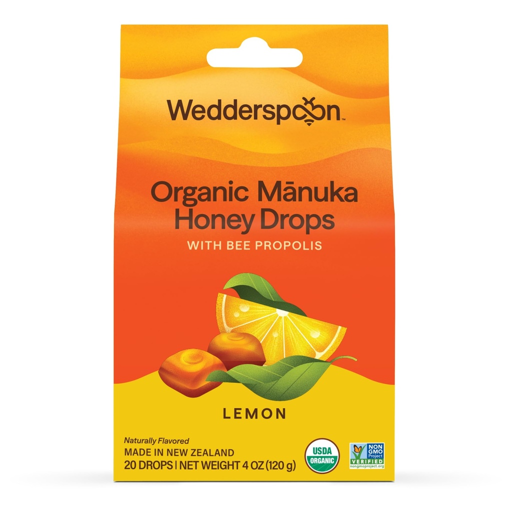 Wedderspoon Organic Manuka Honey Drops, Lemon & Bee Propolis, 20 Count (Pacote de 1)