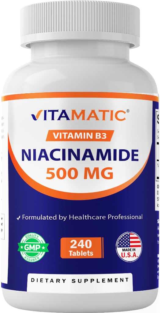 Vitamatic Niacinamida 500 mg 240 Comprimidos - Vitamina B3 Livre de Flush - Suporta Produção de Energia