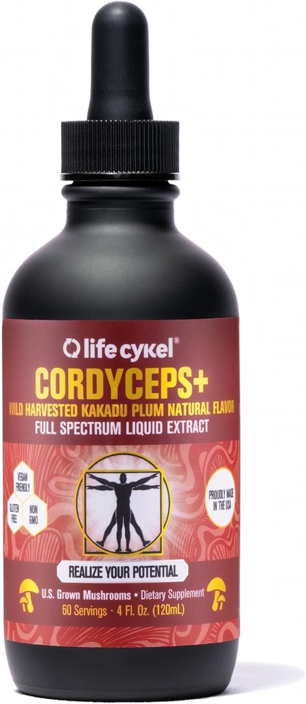 Vida Cykel Cordyceps Mushroom Extract com Kakadu Plum - Energia, resistência e vitalidade Suporte, Suplemento de envelhecimento natural - Não-GMO e Tintura Vegan - 4Fl Oz