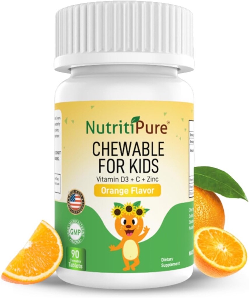 Vitamina D3 mastigável (Cholecalciferol) 25 mcg (1000 UI) + Zinco (Citrato de zinco) 5mg + Vitamina C 30mg para crianças sabor laranja 90/Bottle (1)