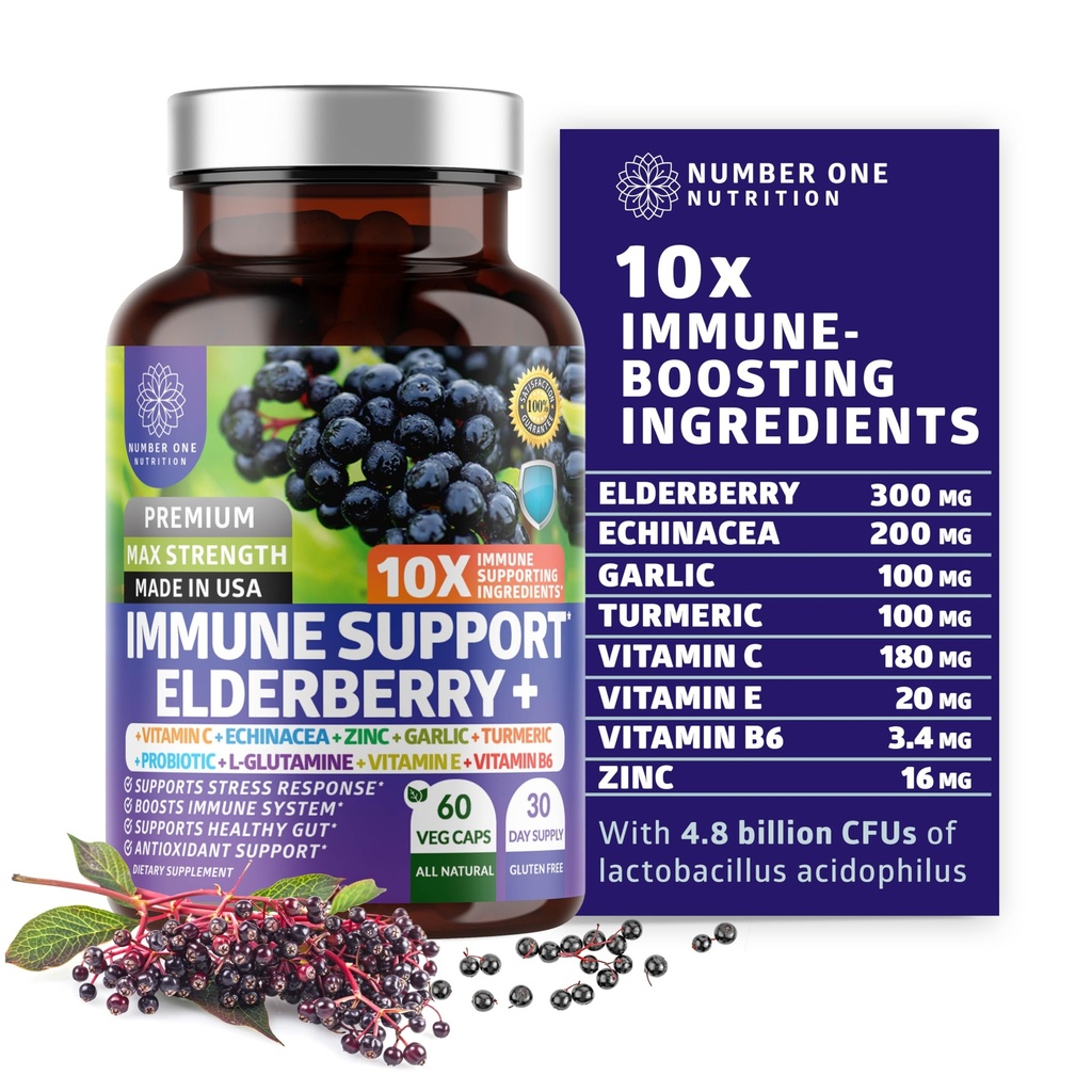 Premium 10 em 1 Suplemento de Suporte Imune [10 Ingredientes Potentes] com Elderberry, Vitamina C, Echinacea, Zinco e Probiótico para Suporte Imune, Gut Saúde e melhor digestão, 60 Veg Caps