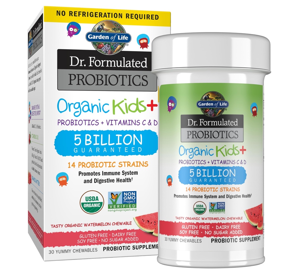 Jardim da vida Dr. Formulado Probióticos Orgânicos Crianças+ mais Vitamina C & D - Melancia - Gluten, Dairy & Soy Livre Imune & Digestive Health Supplement, No Added Sugar, 30 Chewables (Shelf Stable)