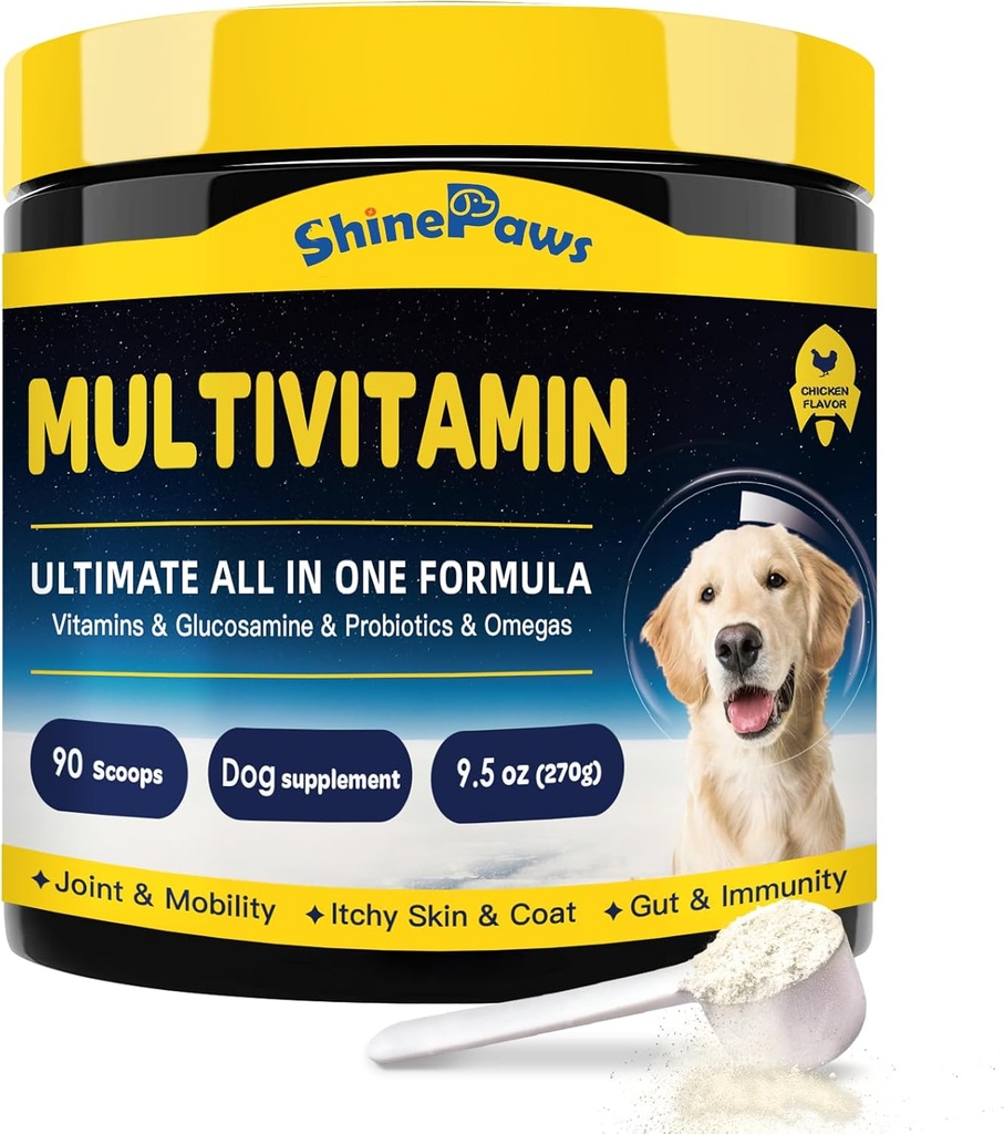 Vitaminas Cães, Pó de Multivitamina Dog, com Probióticos, Glucosamina, Omega 3, Gut de apoio, Joint & Mobility, Coceira Pele & Revestimento, Mineral & Antioxidante para a Saúde Imune, Suplementos de cães essenciais diários
