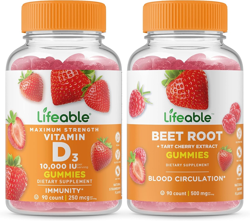 Vitamina D vitalizável 10000 UI + raiz de beterraba, chicletes Bundle - Grande degustação, Suplemento de vitamina, Sem glúten, GMO livre, chiclete mastigável