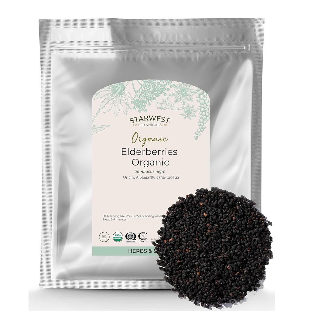 Starwest Botanicals Organic Elderberries - Elderberries Secados para Syrup, Chá, Gummies, & Jam, Suporte Imune Natural, Kosher Certificado, Não-GMO - Bulk 1 lb Bag